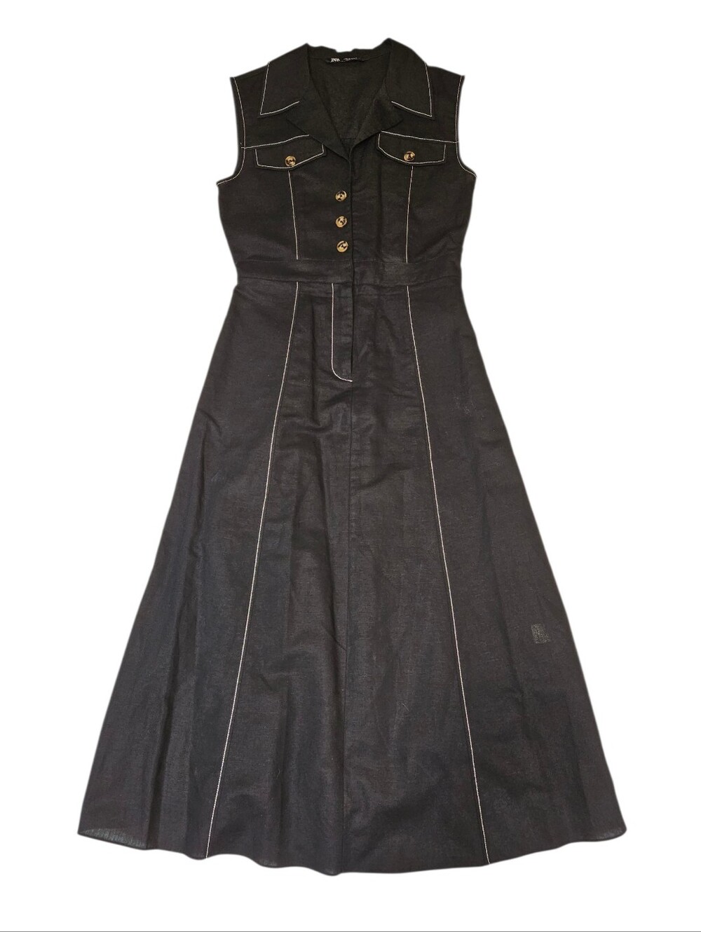 Zara Black Linen Long Steuctured Stitch Dress Size S